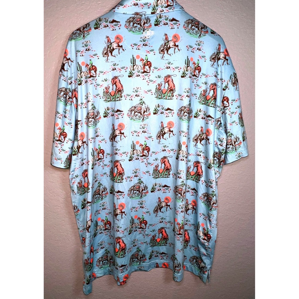 Burlebo Cowboy Up Performance Polo Mens XL Blue AOP Cowboy Bronco Print Stretch - Picture 4 of 8